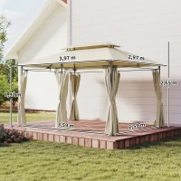 Outsunny Cenador de Jardín de 4x3 m con Doble Techo Paredes Laterales Resistente al Agua para Exterior Terraza Beige(m-3)
