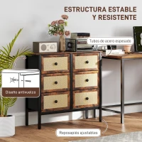 HOMCOM Cajonera de Tela con 6 Cajones Plegables con Frentes de Ratán y Marco de Acero Cajonera para Dormitorio Marrón Rústico(m-6)
