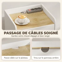HOMCOM Table de Chevet Moderne, Table de Nuit avec Tiroir à Glissières, Niche, Plateau, Passe-câbles, 42x37x55cm, Blanc Chêne(m-5)