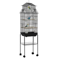 PawHut Cage à oiseaux sur pied, volière sur roulettes avec balançoire, support, design maison, 50,5 x 41 x 163 cm en acier noir(m-11)