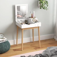 HOMCOM Coiffeuse avec miroir table de maquillage style moderne - 2 tiroirs, miroir rabattable pour chambre à coucher, salon, 60 x 50 x 85,5 cm blanc(m-10)