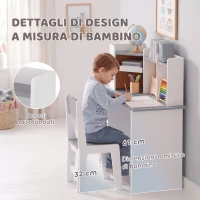 AIYAPLAY Set Scrivania e Sedia per Bambini con Portapenne, Supporto Regolabile per Tablet, Armadietti e Bacheca, Grigio(m-6)