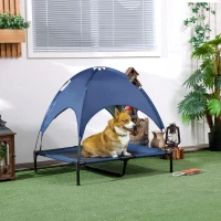 PawHut Hundebett mit Baldachin, Outdoor-Hundebett, klappbar, erhöhter Stand, Blau + Schwarz(m-10)