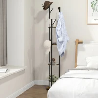 HOMCOM Cuier rotativ de podea cu 8 cârlige și 4 rafturi, stil industrial, Ø30x175cm, maro(m-7)