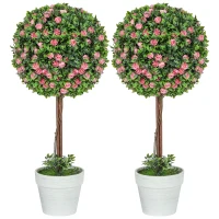 HOMCOM Set of 2 Decorative Artificial Plants, Ball Topiary Tree with Rose Flower in Pot, Fake Plants for Home Indoor Outdoor Decor, 60cm, Pink(m-9)