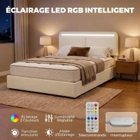 HOMCOM Lit Coffre 140 x 190 cm, LED RGB, Tête Réglable, Cadre de Lit Double Rembourré Velours, Rangement Hydraulique, Crème(m-5)
