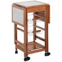 HOMCOM Mesa Auxiliar Cocina 91x37x75 cm Plegable 6 Ruedas 1 Cajón 2 Cestas Carrito Servicio Pino Metal Cromado(m-12)