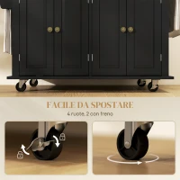 HOMCOM Carrello da Cucina Portavivande con Cassetti, Armadietti e Portaspezie, in Legno e MDF, 111x44.5x82.5 cm, Nero(m-7)