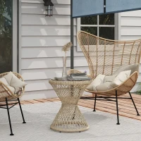 Outsunny Couchtisch Beistelltisch Boho-Design, Glasplatte, PE-Rattan, 45 cm x 45 cm x 52 cm, Natur(m-9)