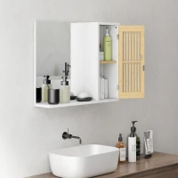 HOMCOM Espejo de Baño 60x50 cm Espejo de Pared con Puerta de Listones de Bambú Estantes de Almacenaje Blanco y Natural(m-8)
