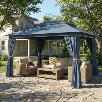 Outsunny 3 x 4 m Outdoor Garden Gazebo with Netting and Curtains, UPF50+ Patio Gazebo Permanent Pavilion Canopy, Dark Blue(m-10)