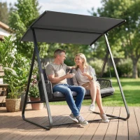 Outsunny Hollywoodschaukel Rattan 2-Sitzer Gartenschaukel mit Verstellbarem Sonnendach weichem Kissen A-Rahmen(m-2)