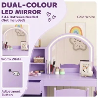 AIYAPLAY Kids Vanity Table and Chair Set, Kids Vanity Table with 2-Colour LED Mirror, Stool, Cabinet, Drawer, Shelves, Purple(m-5)