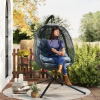 Outsunny Outdoor Swing Chair with Thick Padded Cushion, Patio Hanging Chair with Metal Stand, Egg Chair with Foldable Basket, Cup Holder, for Indoor and Outdoor, Dark Grey(m-10)