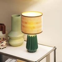 HOMCOM Lámpara de Mesa con Base de Cerámica y Pantalla de Lino Estilo Retro para Dormitorio 40W Verde y Madera Natural(m-6)