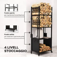 Outsunny Porta Legna per Interni ed Esterni con Ruote e 4 Utensili, Pala, Attizzatoio, Spazzola e Pinze, Legnaia in Metallo, 45x30x118 cm, Nero(m-4)