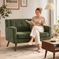 HOMCOM 2 Seater Sofa, 118 cm Corduroy Small Loveseat with Spring Cushion, Wood Legs for Small Space, Living Room, Dark Green(m-9)