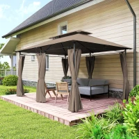 Outsunny Tonnelle de jardin extérieur pavillon 6 colonnes double toit 12 oeillets de drainage en métal 3x4m kaki(m-8)