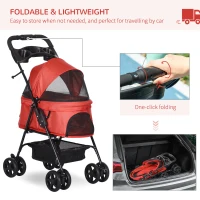 PawHut Dog Stroller with Rain Cover, Dog Pushchair One-Click Fold Trolley Jogger with EVA Wheels Brake Basket Adjustable Canopy Safety Leash for Small Dogs, Red(m-5)