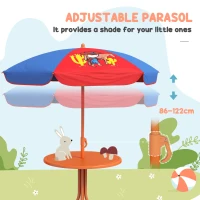 Outsunny 4 Piece Kids Garden Furniture Set with Adjustable Canopy, Cowboy Themed, Kids Garden Table and Chair Set and Double Seat Swing Chair for Patio Park Porch, for Ages 3-6 Years - Red and Blue(m-4)
