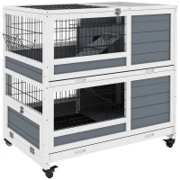 PawHut Conigliera in Legno da Interno a 2 Livelli con Ruote, Vassoi Estraibili e Rampe, Grigio(m-1)