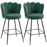 HOMCOM Set of Two Velvet-Feel Lotus Bar Stools - Dark Green(m-1)