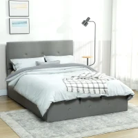 HOMCOM Letto Contenitore con Spazio a Scomparsa e Testiera Vellutata a Trapunta, in Legno e Metallo, 195x141x106 cm, Grigio(m-8)