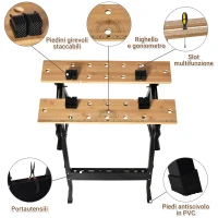 HOMCOM Banco da Lavoro Pieghevole con 4 Morse, Riga e Goniometro, Portata 150 kg, Nero e Legno(m-6)