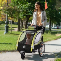 HOMCOM 2-in-1 Fahrradanhänger für 2 Kinder, Schiebefunktion, Regenschutz, Bremse, Gelb(m-10)