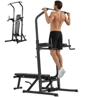 HOMCOM Estación de Musculación Torre de Entrenamiento Altura Ajustable 200-230 cm con Barra de Dominadas y Banco Plegable para Fitness en Casa Gimnasio Carga 150 kg Negro