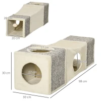 PawHut Tunnel per Gatti Pieghevole con Casette, Tiragraffi e Pallina in Peluche e Sisal, Crema(m-3)