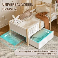 Modern House-Shaped Kids Bed Frame with L-Shaped Desk, Solid Wood Loft Bed with Roomy Rolling Drawers, 195L x 90W x 164.5H cm, White(m-5)