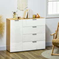 HOMCOM Aparador de Salón Cajonera y Cómoda con 4 Cajones Puerta y Estantes Ajustables 105x35x92 cm Blanco y Natural(m-10)