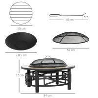 Outsunny 2-in-1 Φ84cm Metal Large Fire Pit, Outdoor Firepit Bowl with Grill, Spark Screen Cover, Fire Poker for BBQ, Garden, Bonfire, Patio, Black(m-3)