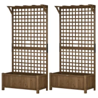 Outsunny 2 Pcs Raised Bed with Drainage Holes, Wood Planter with Trellis for Climbing Plants to Grow Vegetables, Flowers, Brown(m-11)