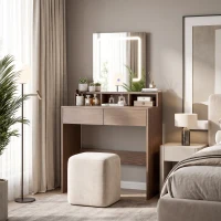 HOMCOM Vanity Table, Dressing Table with Mirror, LED Lights, 2 Drawers, 3 Compartments, 3 Colour Lighting, Walnut(m-2)
