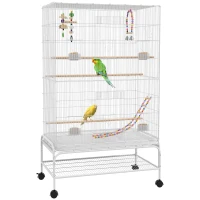 PawHut Cage à oiseaux sur pieds roulettes avec 4 mangeoires et 3 perchoirs 79 x 49 x 133 cm blanc(m-8)