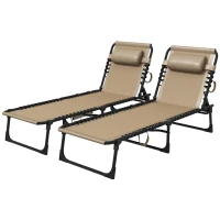 Outsunny Portable Sun Lounger Set of 2, Folding Camping Bed Cot, Reclining Lounge Chair 5-position Adjustable Backrest with Side Pocket, Pillow for Patio Garden Beach Pool, Beige(m-11)
