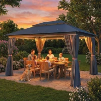 Outsunny 3 x 4 m Outdoor Garden Gazebo with Netting and Curtains, UPF50+ Patio Gazebo Permanent Pavilion Canopy, Dark Blue(m-8)