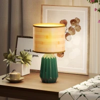 HOMCOM Lámpara de Mesa con Base de Cerámica y Pantalla de Lino Estilo Retro para Dormitorio 40W Verde y Madera Natural(m-2)