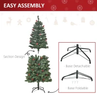 HOMCOM 5FT Prelit Artificial Pencil Christmas Tree with Warm White LED Light, Red Berry, Holiday Home Xmas Decoration, Green(m-7)