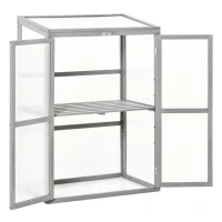 Outsunny Wooden Cold Frame Greenhouse Polycarbonate Garden Grow House for Flower Vegetable Plants with Adjustable Shelf, Double Doors, 76 x 47 x 110cm, Light Grey(m-10)