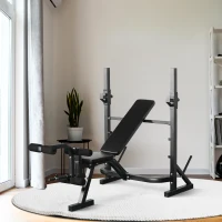 HOMCOM Banco de Pesas Banco de Musculación Multifuncional con Soporte Barra de Pesas Altura Ajustable de 3 Niveles Carga 300 kg para Entrenamiento Fitness de Cuerpo Completo Negro(m-10)