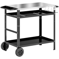 Outsunny BBQ Trolley with Stainless Steel Top Adjustable Shelf, Outdoor Kitchen Barbecue Station with Hooks Seasoning Tray Towel Rack, Pizza Oven Table Movable Grill Dining Cart with Cover, Black(m-11)