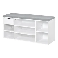 HOMCOM Schuhbank Sitzbank Sitztruhe mit Ablagen Kissen Schublade Eingangsbereich großer Lagerraum verstellbar Spanplatte Schaumstoff Leinenartiges Polyester Weiß+Grau 101 x 29 x 47,5 cm(m-1)