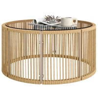 Outsunny Table Basse de Jardin Ronde en Résine Tressée, Plateau en Verre Trempé et Cadre en Acier Galvanisé, 70x70x33cm, Marron(m-12)