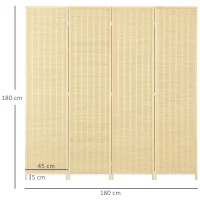 HOMCOM Paravento da Interno a 4 Ante Pieghevole in Legno e Bambù Altezza 180cm, Colore Naturale(m-3)