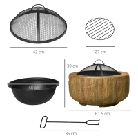 Outsunny Outdoor Fire Pit, 61.5 cm Metal Wood Burning Fireplace with Spark Cover, Poker, Woodgrain Design(m-3)