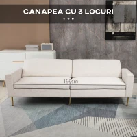 HOMCOM Canapea extensibilă 3 locuri din material textil, cu suport pentru picioare și spătar reglabil în 5 poziții, 213x91x83cm, crem(m-5)
