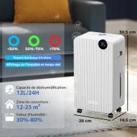 HOMCOM Déshumidificateur d'air 12 L/jour, déshumidificateur silencieux, réservoir d'eau 2,1 L, écran LED, 28x18,5x50,5cm, blanc(m-3)
